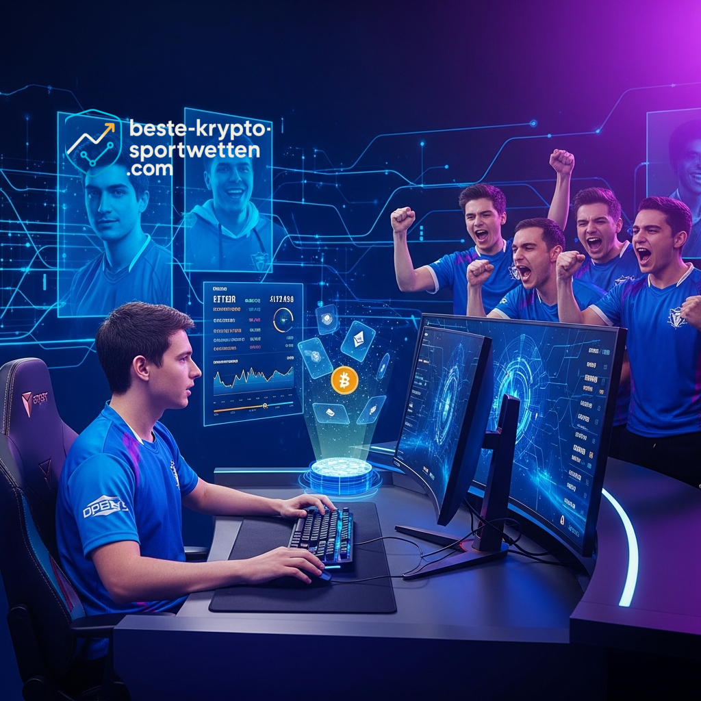 Ein Team feiert einen Sieg vor Monitoren mit Kryptowährungs-Daten, was den Meilenstein der WM 2026 für Kanada und Katar symbolisiert.